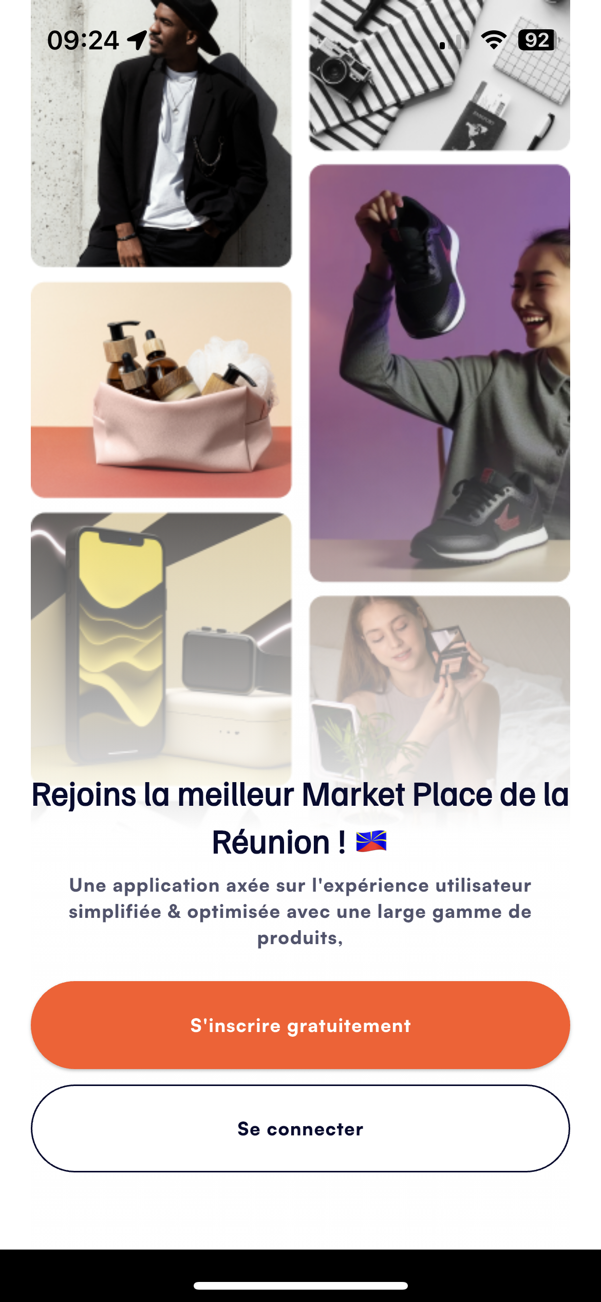 Écran de bienvenue application ZibMarket - Page d'accueil mobile